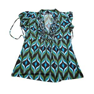 Heartsoul Blouse Women's XL Green Blue Geometric V-Neck Sleeveless Blouse Ruffel